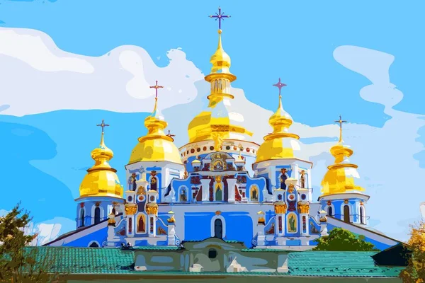 キエフにある聖ミカエルの黄金時代の大聖堂 写真によるベクトルドローイング — ストックベクタ