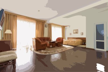 Sochi 'de bir otel odası. Fotoğraftan vektör çizimi