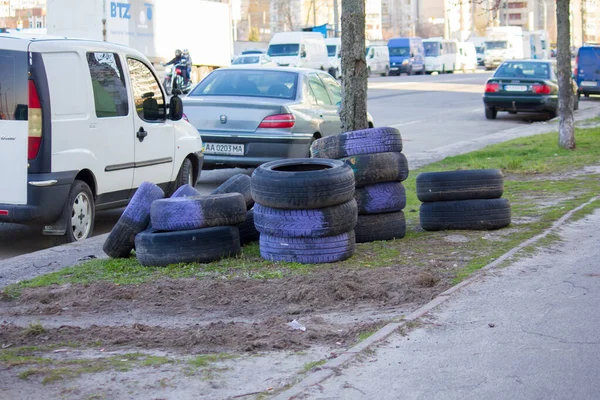 Sammlung Von Autoreifen Für Das Recycling Kiew — Stockfoto