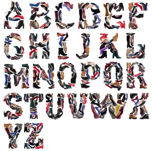 Buty Alfabetowe Angielski Alfabet Wykonany Zdjęć Różnych Butów Białym Tle — Zdjęcie stockowe