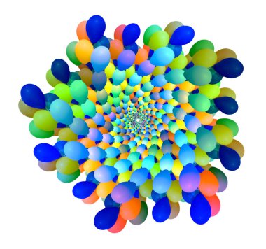 Balonlardan soyutlama mermisi, çok renkli. Yuvarlak hacimli şekillerin Mandala 'sı.