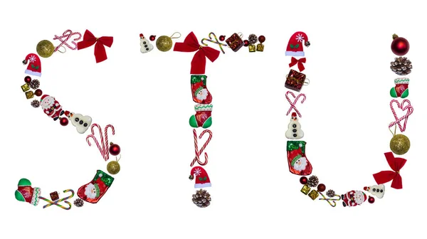 Kerstbrieven Stu Gemaakt Van Nieuwjaarssnoepjes Decoraties Witte Achtergrond — Stockfoto