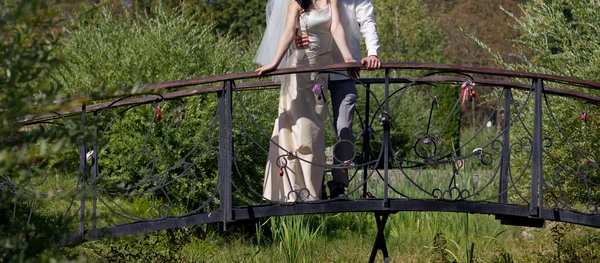 Beau marié et mariée sur le pont — Photo