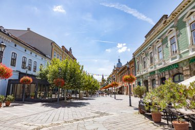 Esztergom, Macaristan 'da Renkli Mimariyle Sunny Pedestrian Caddesi