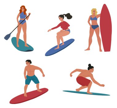 İnsanlar sörf tahtası ve sörf tahtası üzerinde sörf yapıyor. Sevimli karakterler. Okyanus ya da deniz suyu sporu. Düz biçim, vektör illüstrasyonu