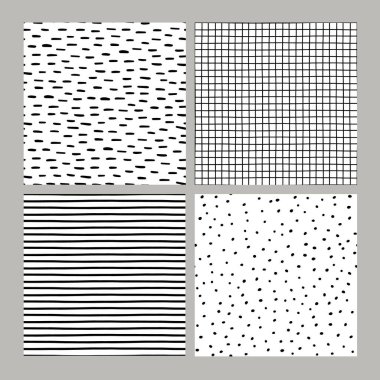 Soyut, pürüzsüz, siyah beyaz desenli el çizimi elementler. Dalgalar, damlalar, üçgenler, vuruşlar vs. İskandinav tasarım tarzı. Tekstil, arkaplan vs. için vektör illüstrasyonu