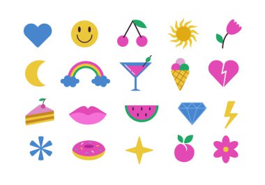 Beyaz arkaplanda modern renkli çıkartmalar var. Kiraz, dondurma, elmas, karpuz, dudak, çiçek, gökkuşağı, kalp vs. Çizgi film 80 'ler-90' lar tarzı. Vektör illüstrasyonu