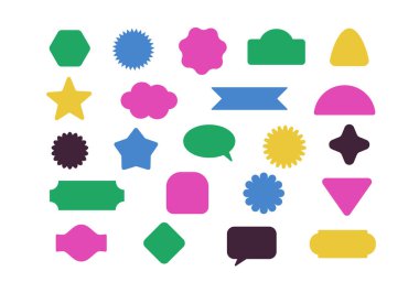 Etiketler hazır, beyaz arka planda renkli rozetler var. Sosyal medya paketlemesi için tasarım unsurları vs. Vektör illüstrasyonu