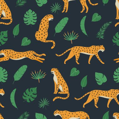 Kusursuz çita, leopar ve tropikal egzotik yapraklar. Vahşi vahşi hayvanlarla arka plan. Vektör illüstrasyonu