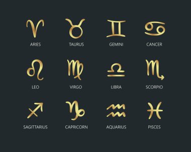 El çizimi altın astrolojik işaretler. Zodiac işaretleri. Burç burcu için yıldız işaretleri. Vektör illüstrasyonu