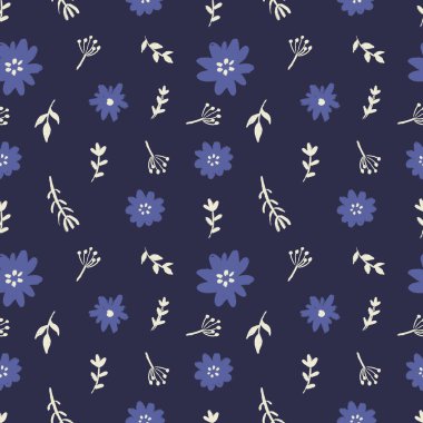 Kusursuz, soyut, kır çiçekleriyle süslenmiş çiçek deseni. Çiçek arkaplan. Basit İskandinav tarzı. Vektör illüstrasyonu