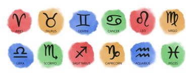 Elle çizilmiş renkli astrolojik işaretler. Zodiac işaretleri. Burç burcu için yıldız işaretleri. Vektör illüstrasyonu