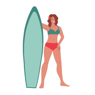 Sörf tahtası olan bir kız. Kadın karakteri. Sörfçü kadın. Vektör illüstrasyonu