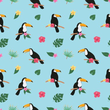 Yaz aylarında parlak, pürüzsüz eller beyaz arka planda tropikal desenler, Tukan kuşları ve egzotik bitki yaprakları ve amber çiçekleri ile çizilmiş. Hawaii usulü. Vektör illüstrasyonu