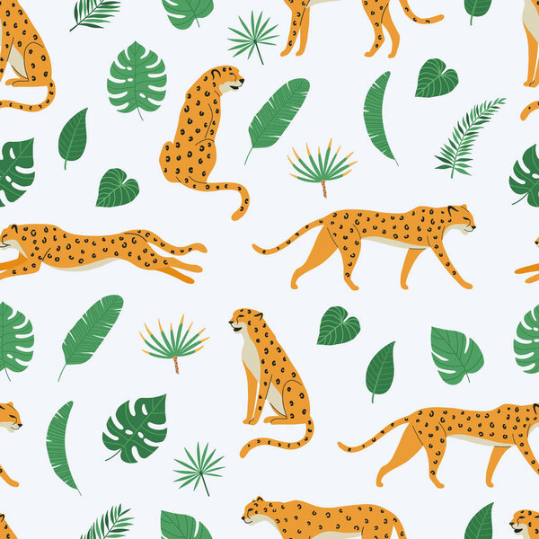 Seamless pattern of cheetahs or leopards and tropical exotic leaves. Background with Jungle wild animals. Vector illustration