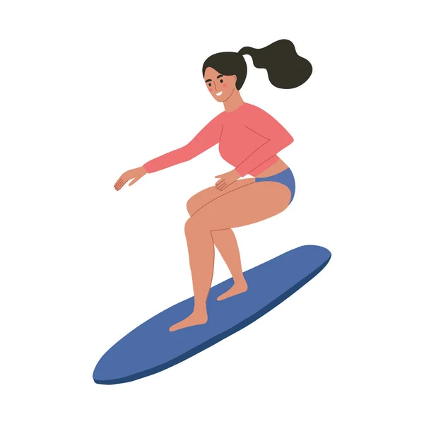 Meisje Surfen Een Surfplank Vrouwelijk Karakter Surfdame Vectorillustratie — Stockvector