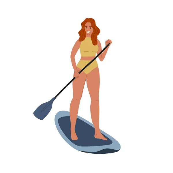 Mädchen Auf Einem Surfbrett Stehend Weiblicher Charakter Surfdame Vektorillustration — Stockvektor