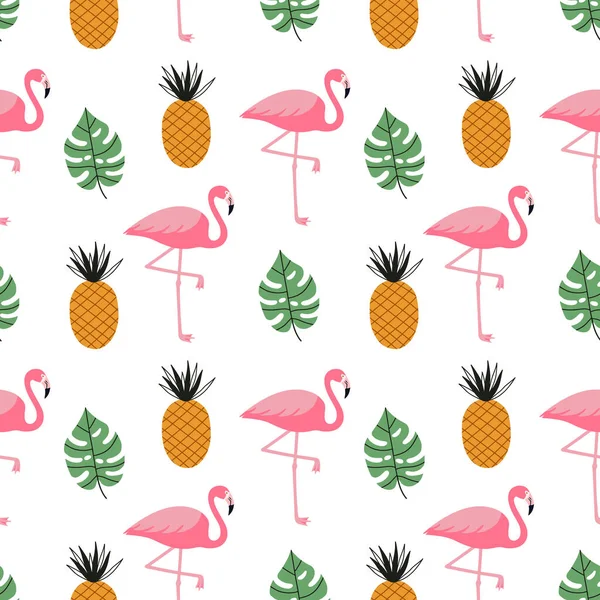 Zomer Naadloze Schattige Kleurrijke Patroon Met Flamingo Ananas Tropische Bladeren — Stockvector