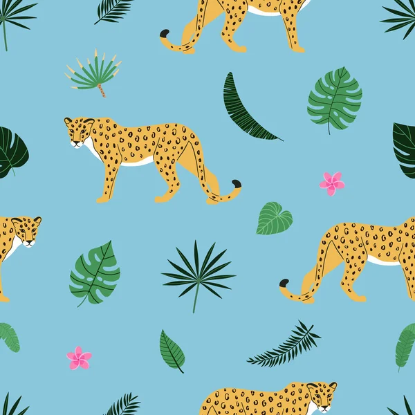 Letní Pestrobarevný Jasný Bezešvný Ručně Kreslený Tropický Vzor Leopardem Tukovými — Stockový vektor