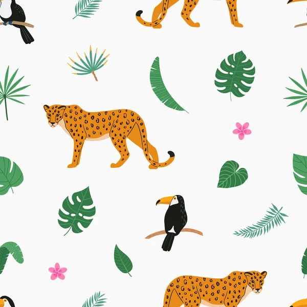 Влітку Яскраві Яскраві Яскраві Безшовні Руки Малювали Тропічний Візерунок Леопардом — стоковий вектор