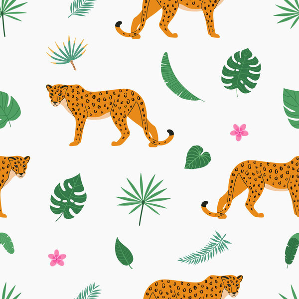 Summer colorful bright seamless hand drawn tropical pattern with leopard and exotic plant leaves and flowers. Hawaiian style. Vector illustration