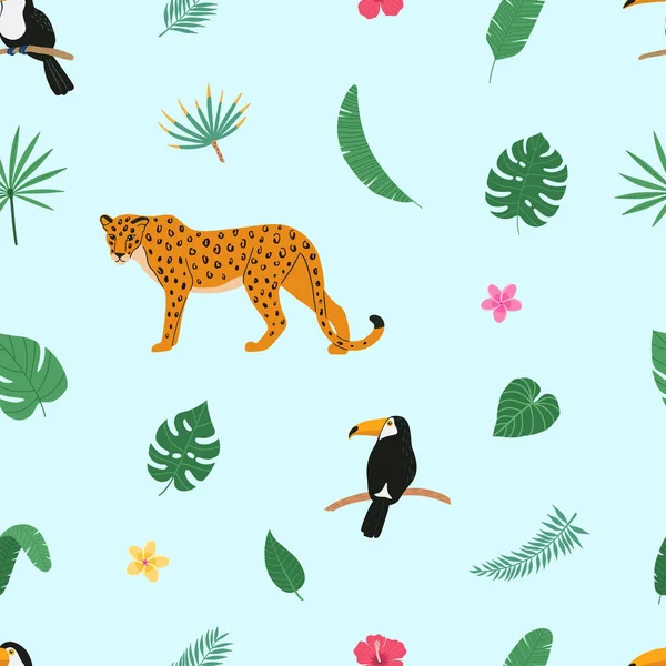 Zomer Kleurrijke Heldere Naadloze Hand Getekend Tropisch Patroon Met Luipaard — Stockvector