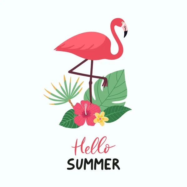 Flamingo Vogel Met Exotische Tropische Bladeren Bloemen Hallo Zomer Belettering — Stockvector