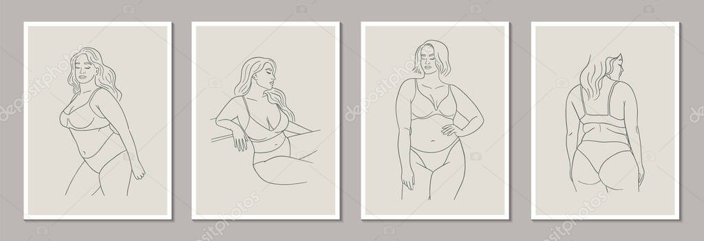 Set of posters template with minimalistic female figure. Linear female body. Modern abstract line art style. Vector illustration.