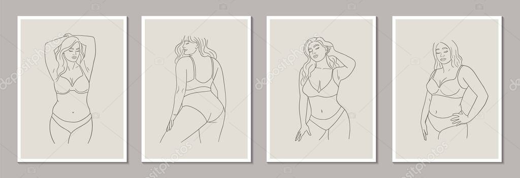 Set of posters template with minimalistic female figure. Linear female body. Modern abstract line art style. Vector illustration.