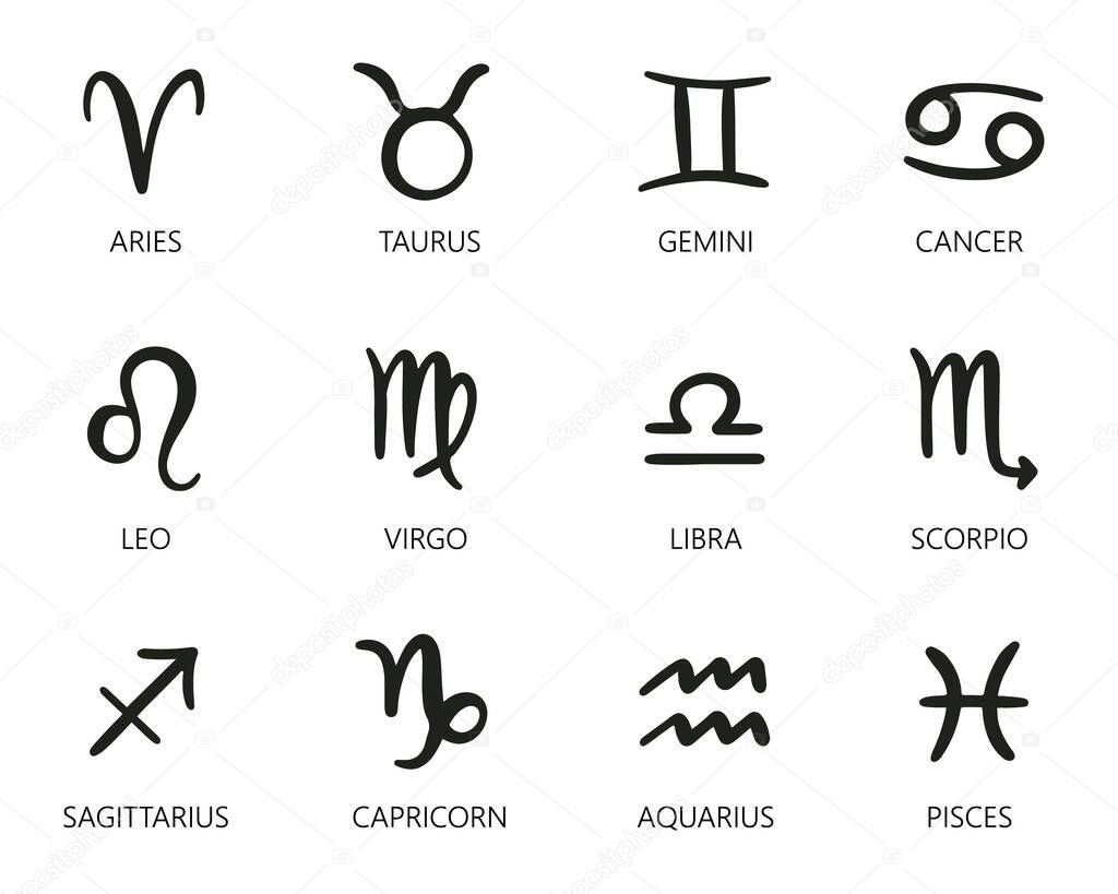Hand drawn Astrological signs set. Zodiac signs isolated on white background. Star signs for astrology horoscope. Vector illustration