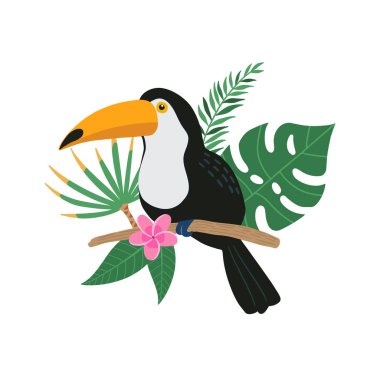 Tropikal bir dalda oturan sevimli bir Toucan kuşu. Egzotik yaprakları ve çiçek desenleri var. Çizgi film tarzında parlak renkli bir tukan çizimi