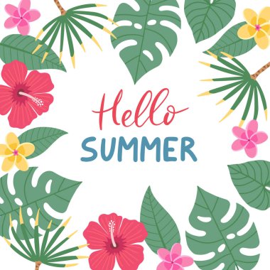 Siyah arka planda düz tropikal yaprakları ve çiçekleri olan metnin için tasarım çerçevesi. Merhaba yazlık mektuplar. Hawaii usulü. Davetiye, poster ve afiş için mükemmel bir şablon. Vektör illüstrasyonu