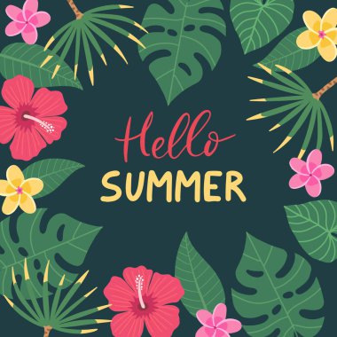 Siyah arka planda düz tropikal yaprakları ve çiçekleri olan metnin için tasarım çerçevesi. Merhaba yazlık mektuplar. Hawaii usulü. Davetiye, poster ve afiş için mükemmel bir şablon. Vektör illüstrasyonu