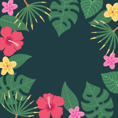 Metnin için düz tropikal yapraklar ve beyaz arka planda çiçekler olan bir çerçeve tasarla. Hawaii usulü. Davetiye, poster ve afiş için mükemmel bir şablon. Vektör illüstrasyonu