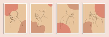 Minimalist kadın figürlü posterler. Doğrusal kadın vücudu ve soyut şekiller. Modern soyut sanat tarzı. Vektör illüstrasyonu. 