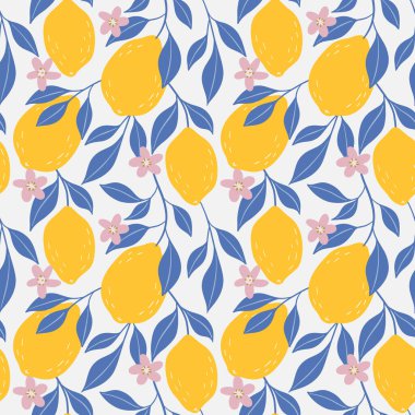 El çizimi renksiz el çizimi, limon yaprakları ve limon çiçekleri. Citrus meyve arka planı. Tekstil imalatı için mükemmel duvar kağıdı posterleri vesaire. Vektör illüstrasyonu