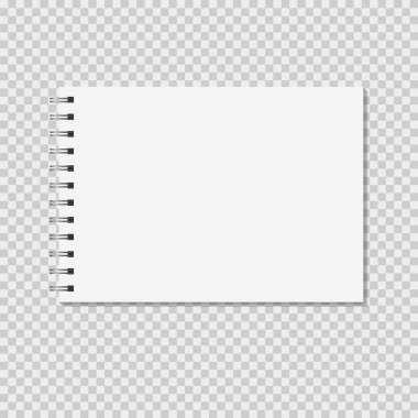 Yatay not defteri, şeffaf arkaplan üzerine maket yap. Boş sayfalar, metal spiral şablonlu bir defter. Gerçekçi kapalı defter vektör çizimi.