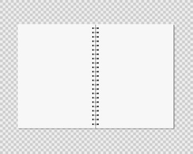 Defter, şeffaf arkaplanda izole edilmiş. Temiz beyaz sayfalar, metal spiral şablonu olan bir defter. Gerçekçi açık dizüstü bilgisayar vektör illüstrasyonu.