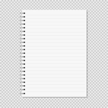 Defter, şeffaf arkaplanda izole edilmiş. Doldurulmuş sayfalar, metal spiral şablonlu bir defter. Gerçekçi açık dizüstü bilgisayar vektör illüstrasyonu.