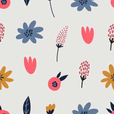 Yaban çiçekleriyle renksiz çiçek deseni. Basit İskandinav tarzı. Vektör illüstrasyonu