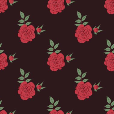 Kırmızı güllerle süslenmiş kusursuz bir çiçek deseni. Ditsy parmak izi. Albüm, tekstil, ambalaj kağıdı vs. için mükemmel. Vektör illüstrasyonu.