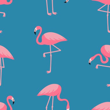 Pembe flamingo kuşlarıyla kusursuz tropikal model. Vektör illüstrasyonu