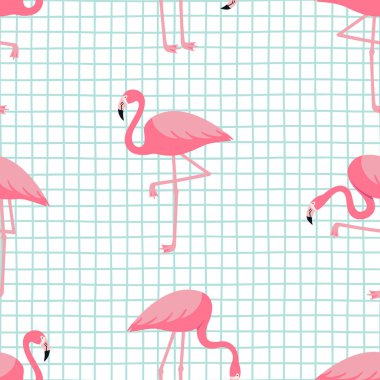 Pembe flamingo kuşlarıyla kusursuz tropikal model. Vektör illüstrasyonu