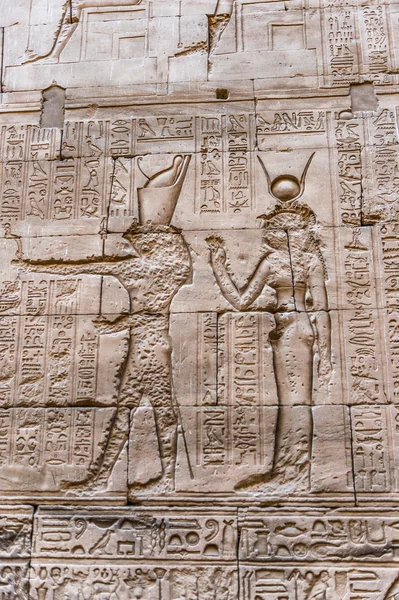 Authentic Hieroglyphic illustration of the Egyptian god on the wall in a temple — Stock Photo, Image