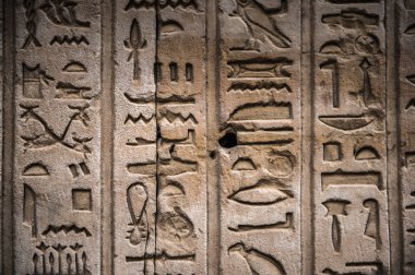 Egyptian hieroglyphs on the wall in a temple clipart