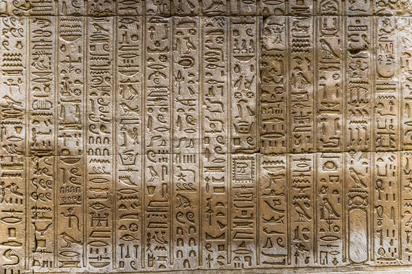 Egyptiska hieroglyfer på väggen i Horus tempel i Egypten — Stockfoto