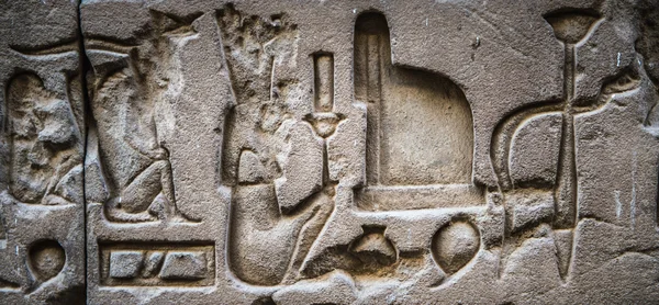 Egyptské hieroglyfy na zdi chrámu Horovi v Egyptě — Stock fotografie