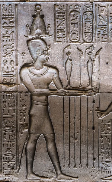 埃及象形文字在柑翁布，埃及的索贝克寺庙的墙上 — 图库照片
