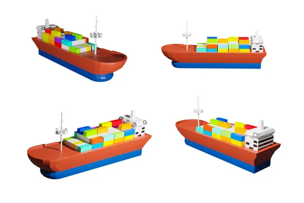 进出口和商业物流中的孤立集装箱船 具有剪切路径的低多边形3D物流船 3D图解绘制 — 图库照片