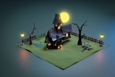 Gece sahnesinde cadılar bayramı siyah kalesi, 3 boyutlu resimleme